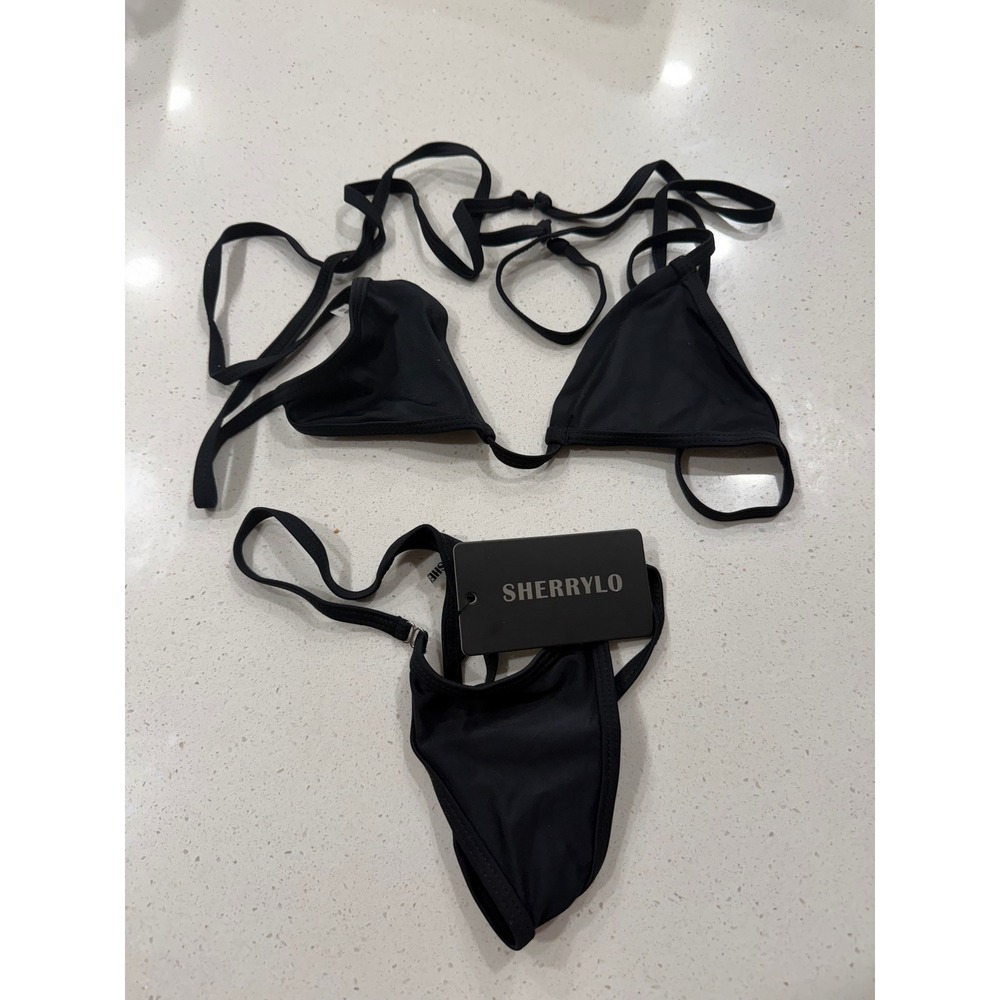 Sherrylo Micro Bikini Set Black Triangle Top G-String Thong HW1890 Womens Size S